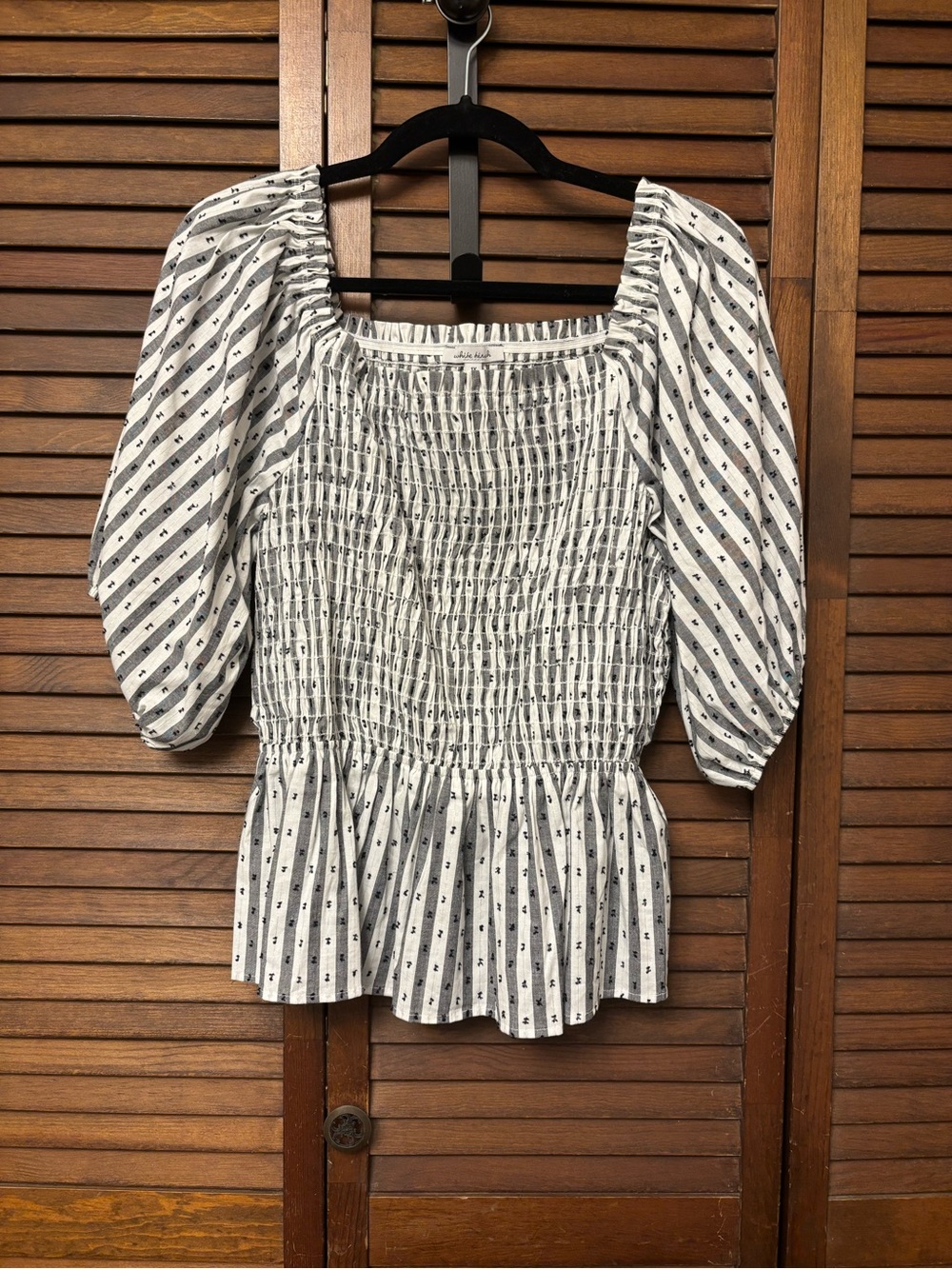 New white birch White and Black Smocked Peplum Blouse